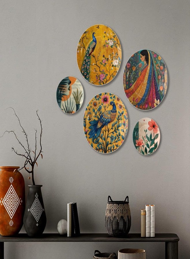 WOODHANG Decorative Ceramic Wall Plates Set of 5|Multicolor Wall Plate with Peacock, Floral & Ethnic Woman Designs|Designer Wall Art Plates for Living Room, Bedroom & Home Decor|Housewarming Gift - Image 3